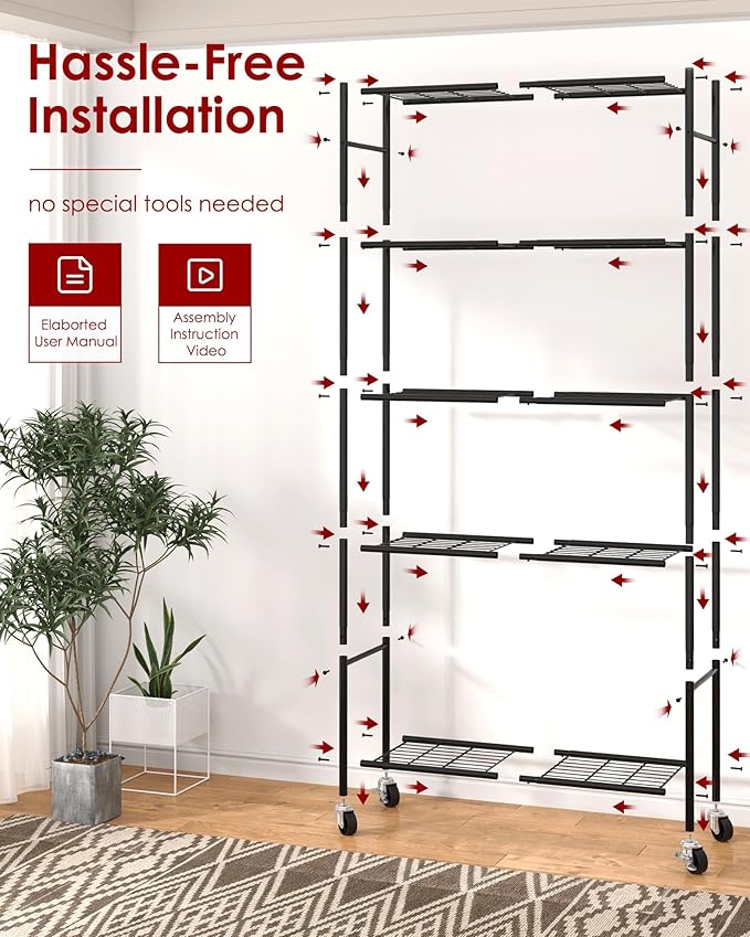 Sakugi Storage Shelves Organizer - 5 Tier Metal Shelf Organizer with Metal Wheels and Adjustable Leveling Feet, Heavy Duty Garage Shelving for Kitchen, Pantry and Closet, 33.1"x12.6"x73.5", Black
