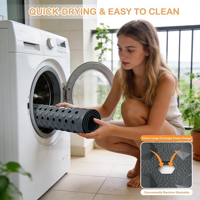 Yimobra Bathtub Mat Non Slip, 34.5"X15.5" Long Shower Mat for Inside Shower, Machine Washable Bath Mat with Drain Holes & Strong Suction Cups, Soft on Feet, Bathroom Essentials, Dark Grey