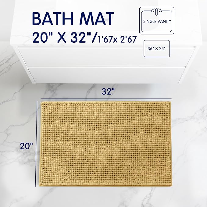 SUBRTEX Bathroom Rugs Chenille Bath Rug, Soft Short Plush Bath Mat, Water Absorbent Shower Mat, Quick Dry Machine Washable(Yellow, 20" x 32")