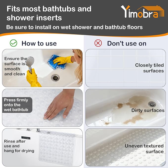 Yimobra Bath Tub Mat Non Slip, 34.5"X15.5" Long Shower Mat, Machine Washable Bathmat with Drain Holes and Suction Cups, Soft on Feet, Bathroom Essentials, Clear