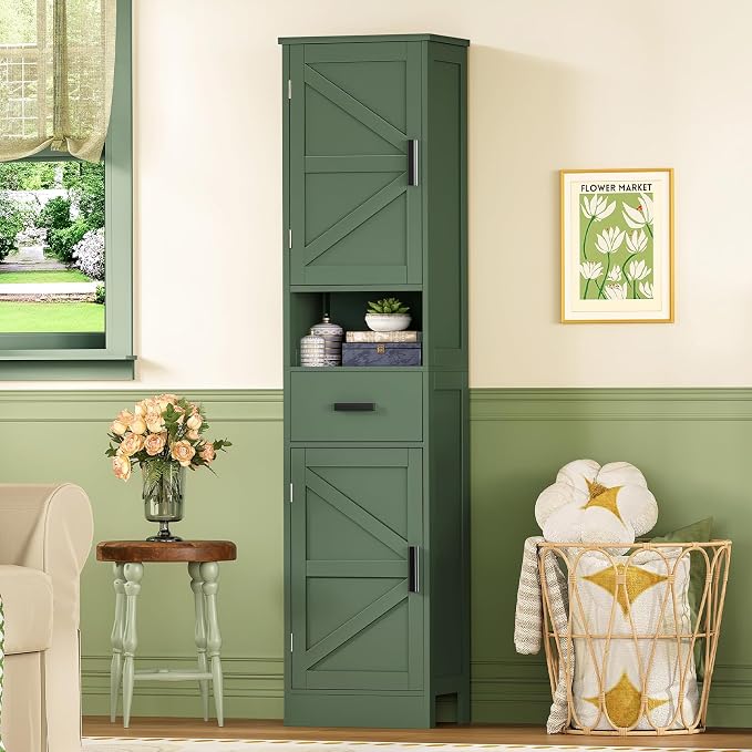 TEENFON 67" H Tall Bathroom Storage Cabinet with Barn Doors and Drawer, Narrow Bathroom Cabinet, Narrow Storage Unit, Adjustable Shelves, Floor Cabinets for Living Room, Forest Green