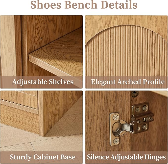 BERRYMERRY 39.4" Fluted Shoe Storage Bench for Entryway,2 Tier Shoe Cabinet Bench with Adjustable Shelf,Bench for Bedroom End of Bed (Natural, 13.8”D x 39.4”W x 18.5”H)