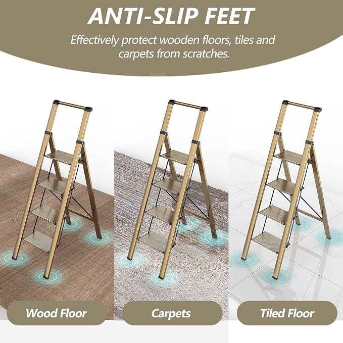 SOLADDER 4 Step Ladder, Folding Step Stool with Anti-Slip Wide Sturdy Pedal and Handgrip, Portable Lightweight Aluminum Stepladder, 300 lbs Capacity, Multi-Use for Home, Library - Brown Gold