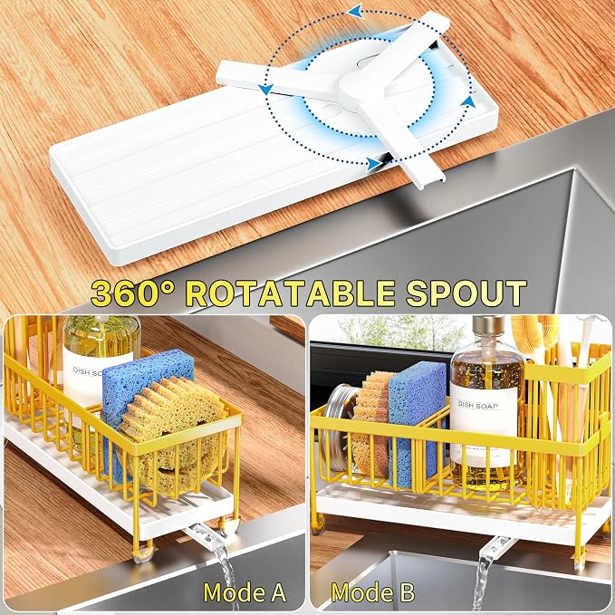 Cisily Sponge Holder for Kitchen Sink, Sink Caddy Organizer with High Brush Holder, Kitchen Countertop Organizers and Storage Essentials, Rustproof 304 Stainless Steel (Yellow, 9.25″)