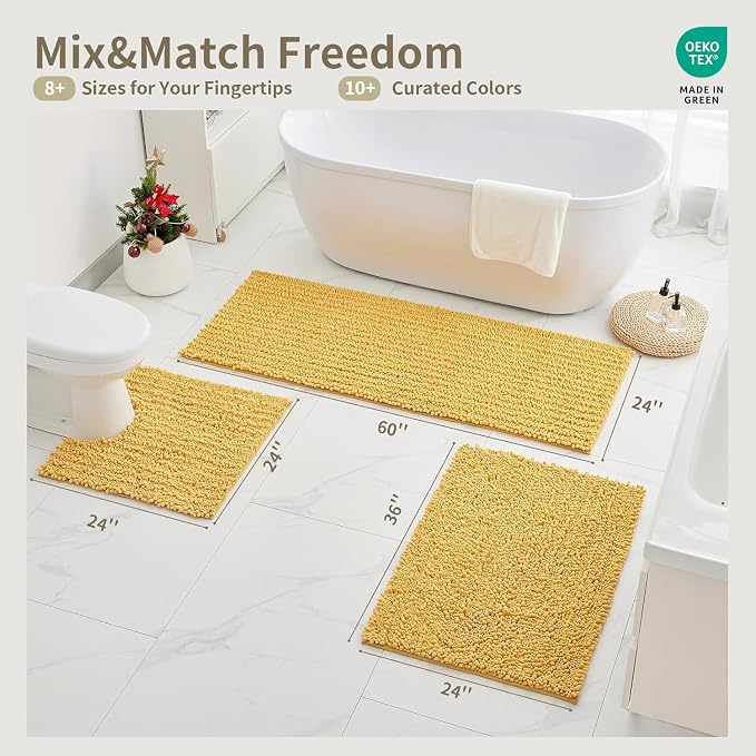 Bathroom Rugs Non Slip Washable 60x24, Extra Thick Soft Chenille Absorbent Bath Mat, High Density Barrier Non Slip Backing, Quick Dry Plush Shaggy Floor Carpet for Tub&Shower, Yellow