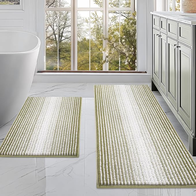 BSICPRO Bathroom Rugs and Mats Sets, 2 Piece Thick Absorbent Chenille Non Slip, Soft Shaggy Floor Mats, Machine Washable (Linden Green, 20" x 47" Plus 16" x 24")