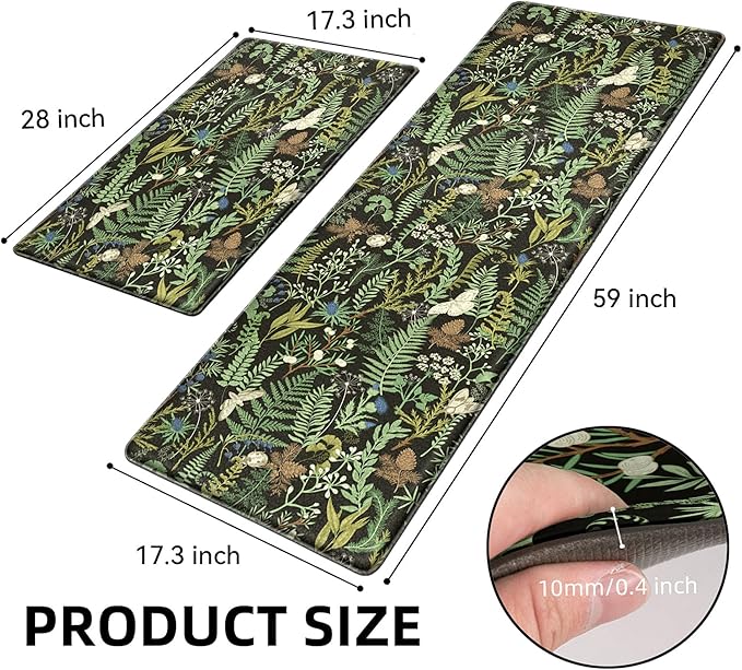 Black Green Botanical Kitchen Rugs Set of 2 Plant Leaf Anti-Fatigue Kitchen Mat Natural Comfort Standing Waterproof PVC Mats 2/5" Thick Leather Carpet for Laundry Office Sink(17.3" x28" + 17.3" x 59")