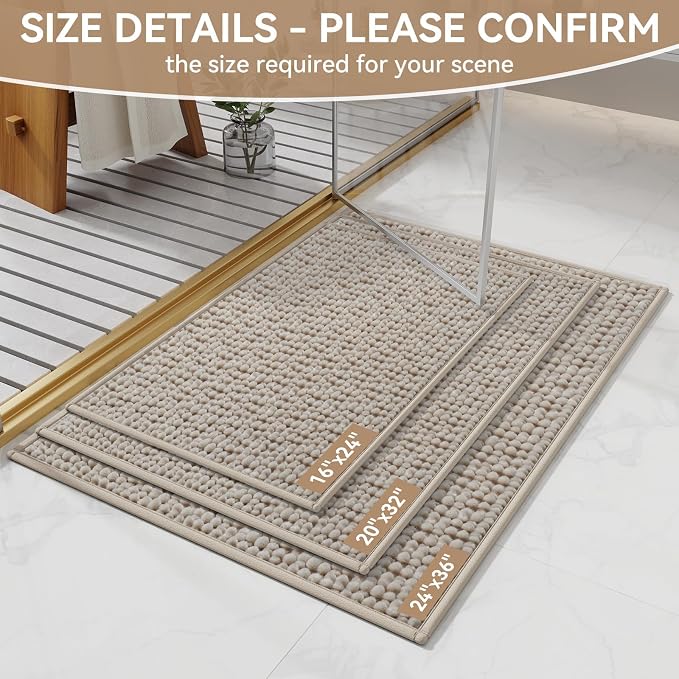 24x36 Extra Soft Chenille Bathroom Rugs - Non Slip Quick Dry Absorbent & Washable Bath Mat, Thin Low Profile Fit Under Door, Shower Mat for Outside Shower - Brown