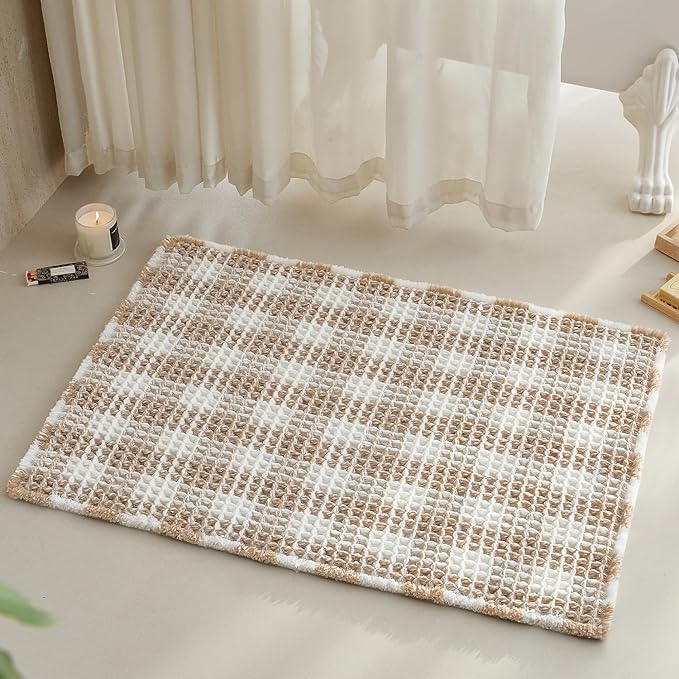 TYUU Waffle Bath Mat, Boho Bathroom Rugs Non Slip Washable Absorbent Checkered Bathroom Mat Quick Dry Farmhouse Bathroom Decor, 36"x24" Khaki and White