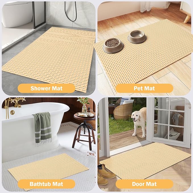 Bathroom Non Slip Shower Mat, Khaki 24x16 Inch Bathtub Mat, Non Slip Bathroom Mat for Elderly and Kids, Easy to Dry, Fast-Dry Drainage Hole, Easy to Prune