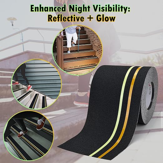 S&X Heavy Duty Anti Slip Tape 6 Inch x 60 Ft, High Traction Non Skid Grip Tape with Reflective & Glow-in-the-Dark Strips, Outdoor Stair Treads Non-Slip for Steps Ramps Boats Decks Long-Lasting