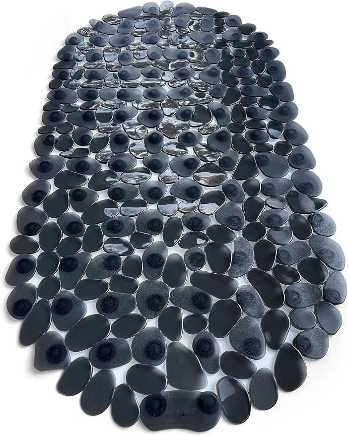 “Pebbles” Non-Slip Bathtub & Shower Mat 27”x14” Oval - Non-Toxic - Safe, Clean, Machine-Washable, Superior Grip & Drainage, Vinyl, for Smooth Floors ONLY, Transparent Black