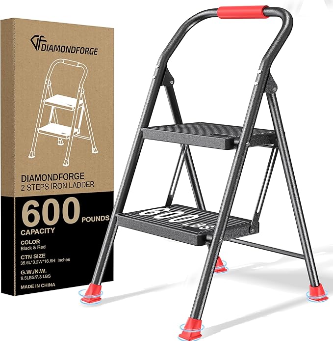 Step Ladder Foldable Folding Stool - for Home Adults Kitchen 2 Stepping Extension Tall Heavy Duty with Handrails - Closet Stepstool Stair Ladders Extendable Stepladder for Indoor House 600Lbs
