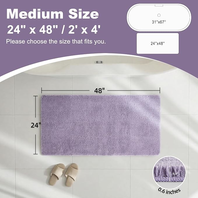 TYUU Bathroom Rugs Non Slip Washable, Ultra Soft Super Absorbent Quick Dry Small Bath Mat with Rubber Backing for Bathroom Floor, Shower, or Sink, Lavender 24" x 48"
