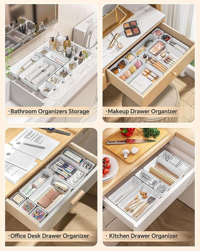 KEMETHY 25 PCS Plastic Drawer Organizers Set, 4 Sizes Vanity Organizer, Makeup and Desk Drawer Organizer Trays, Organization and Storage for Makeup, Bathroom, Kitchen Utensils and Office (White)