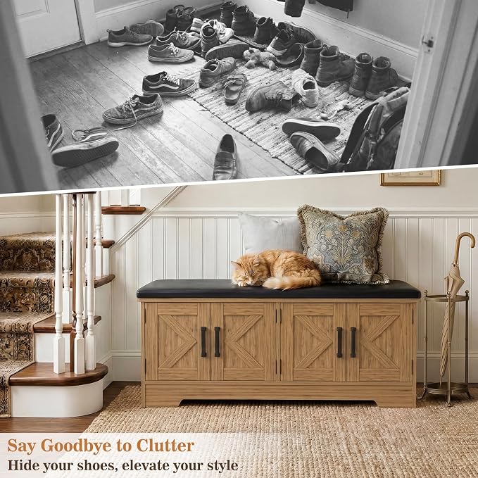 Farmhouse Shoe Storage Bench with Cushion - 43.3" Entryway Bench with Storage & 4 Barn Doors, 2-Tier Wooden Shoe Rack Bench, Shoe Cabinet & Mudroom Bench for Bedroom Hallway Living Room, Brown Oak