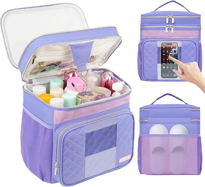 Portable Shower Caddy College Dorm Essentials, Large Toiletry Bag for Women Men, 2 Layers Quickly Dry Mesh Bathroom Tote Bag, Hanging Makeup Organizer Bag for Travel, Gym, Camping (Purple)