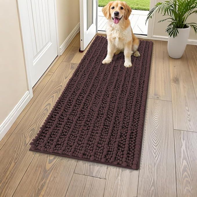 Smiry Dog Door Mat for Muddy Paws 47x17, Absorbent Dirt Trapper, Non-Slip Washable Chenille Entryway Rug for Inside Floor, Brown, Layered Pattern