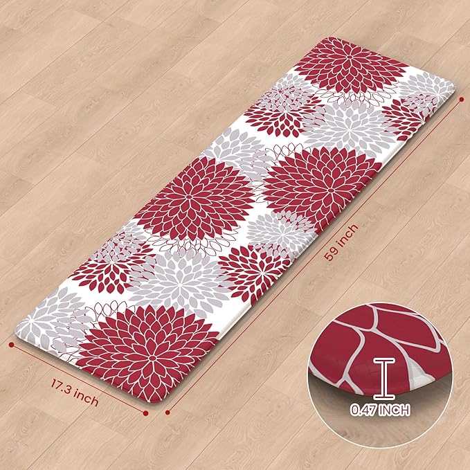 KIMODE Anti Fatigue Kitchen Mat, Cushioned Dahlia Floral Kitchen Runner, Non Slip Memory Foam Kitchen Mat for Floor, Waterproof Standing Desk Mat for Laundry, Office, Sink Red and Grey 17.3"x59"
