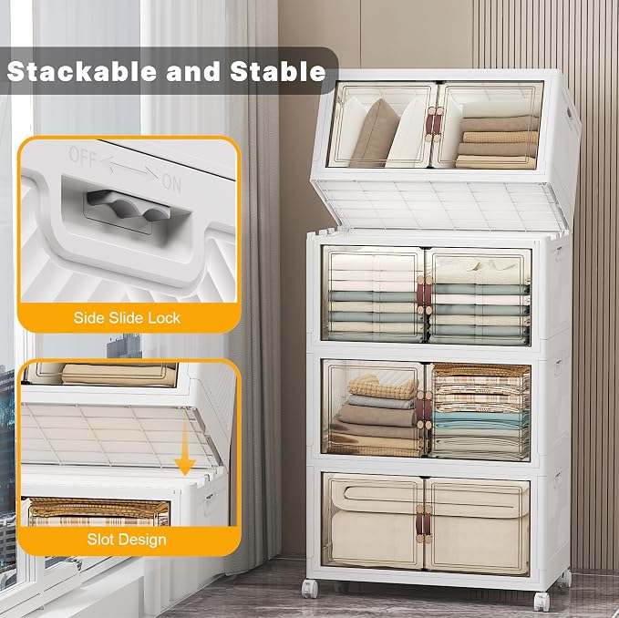 UAMFURI Stackable Storage Bins with Lids & Wheels & Door, Foldable Collapsible Closet Organizers, Extra Large Plastic Storage Drawers for Bedroom Dorm Office Garage (White-112qt, 4Pack with 1 top lid)