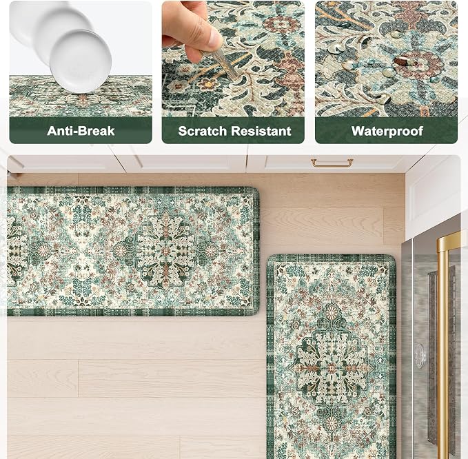 KIMODE Kitchen Mats Cushioned Anti Fatigue, Boho Oriental Kitchen Rugs 17"x47"+17"x29", Non Slip Kitchen Mats for Floor, Padded Kitchen Floor Mats for Sink Laundry Office Desk Green Multi