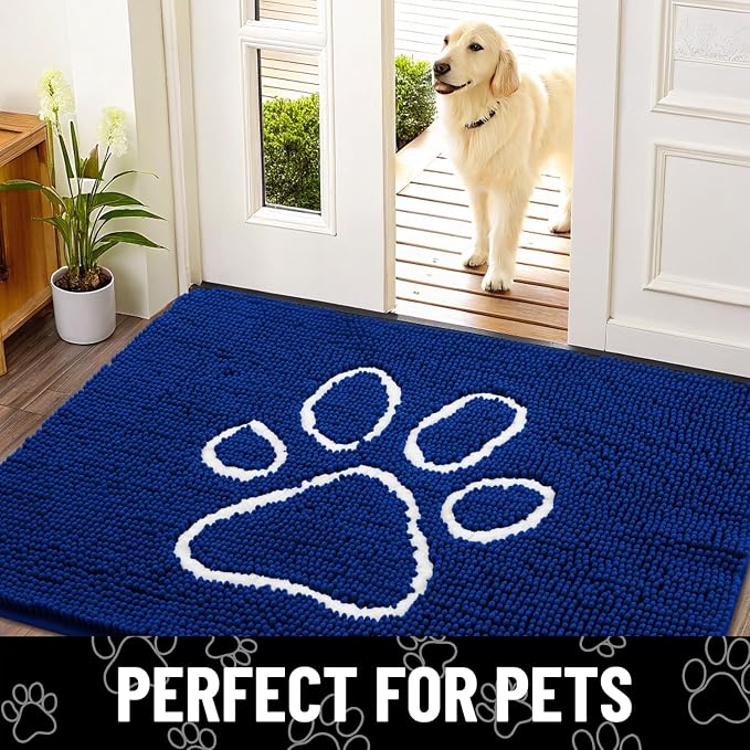 Smiry Dog Door Mat for Muddy Paws, Absorbent Dirt Trapper Non Slip Quick Dry Washable Chenille Mat for Mud Dogs, Entry Rug for Indoor and Outdoor (36x24 Inches, Royal Blue and White)