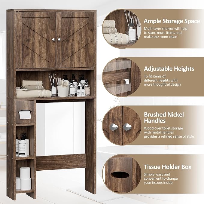 Over Toilet Storage Cabinet with Toilet Paper Holder Stand, Freestanding Bathroom Storage Cabinet, Rustic Farmhouse Bathroom Organizer with Adjustable Shelf & Anti-Tipping, Walnut