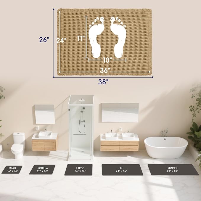 SUBRTEX Waffle Braided Bath Mat, 24" x 36" Soft Waffle Bath Rugs, Absorbent Non Slip Bathrooom Mats, Machine Washable Area Rug for Bathroom, Quick Dry, Khaki