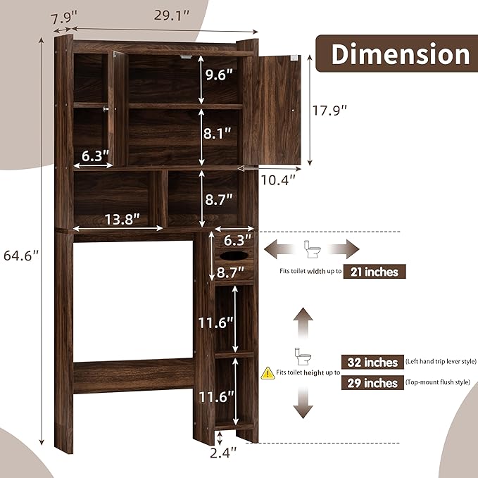 Shintenchi Over the Toilet Storage Cabinet, Bathroom Storage Cabient with Barn Doors, Bathroom Storage Shelf Organizer with Toilet Paper Holder, Adjustable Shelf and Anti-Tip Device, Walnut