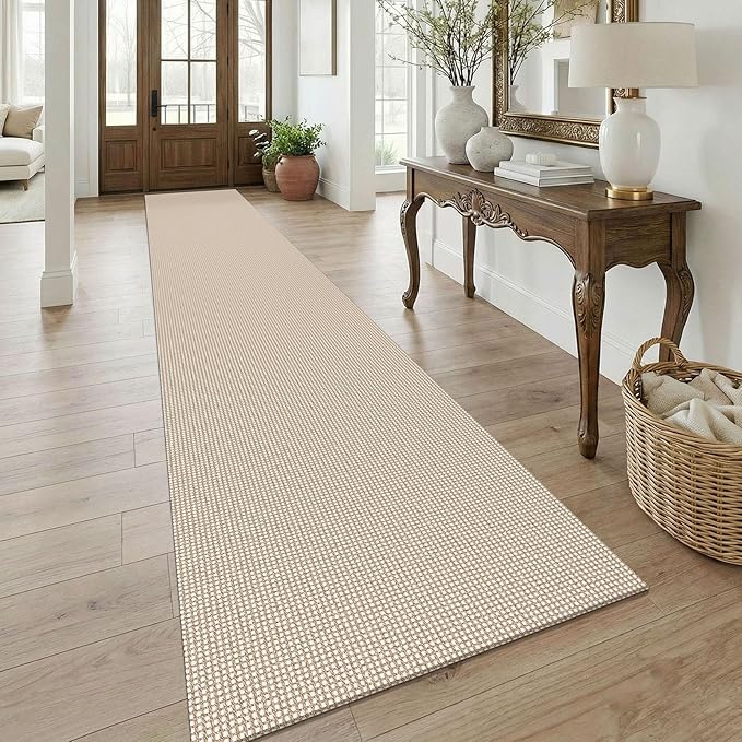 KOZYFLY 3x18 Runners Rugs for Hallway, Extra Long Washable Runner Rug, Non Slip Rubber Backed Kitchen Runner, Cotton Entryway Rug, Floor Carpet for Entry, Aisle, Hall, Ivory/Camel/Brown
