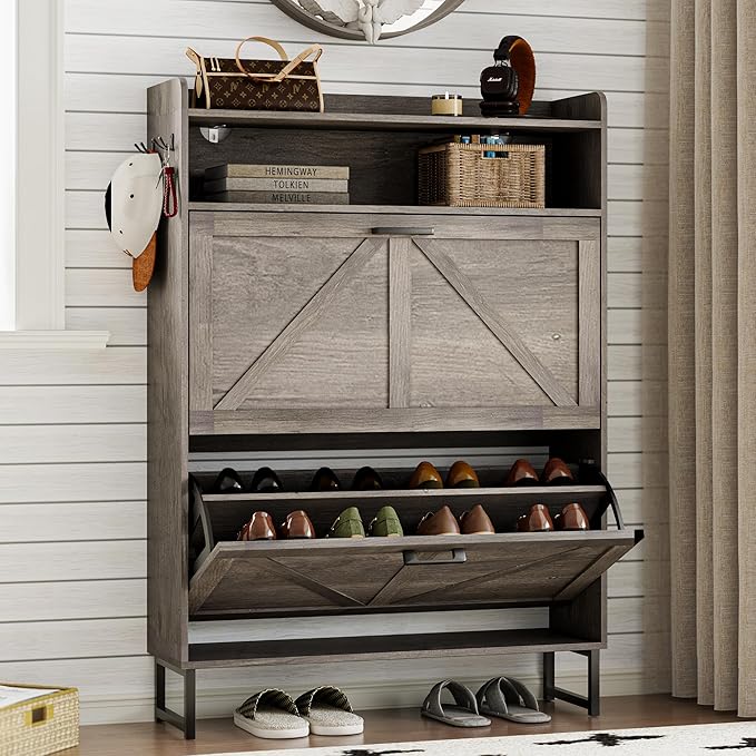 BORNOON Shoe Cabinet with 2 Flip Drawers Narrow Shoe Storage Organizer Wooden Freestanding Rack Hidden Slim Shoes Storage Cabinet for Entryway, Hallway, Living Room, Bedroom (Grey)