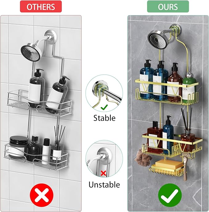 DAOYA Golden Stainless Steel Shower Caddy Hanging with 2-Tier Baskets, Soap Holder & Razor Holder - Non-Slip Rubber Pads for 0.82" Shower Heads, Enhanced Stability & Elegant V-Smile Design