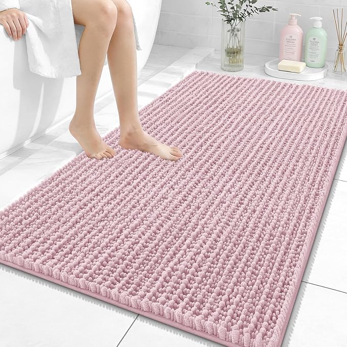 OLANLY Bathroom Rug Mat 44x32, Thick Soft and Absorbent Chenille Bath Mat, Non-Slip Rubber Backing, Machine Washable Quick Dry Bath Rugs for Tub Shower Floor, Home Decor Accessories, Dusty Rose