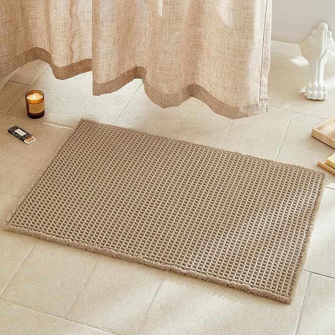 TYUU Waffle Bath Mat, Boho Bathroom Rugs Non Slip Washable Super Absorbent Quick Dry Farmhouse Bathroom Decor, 36"x24" / 3' x 2' Khaki