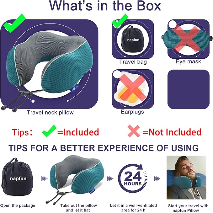 napfun Neck Pillow for Traveling, Upgraded Travel Neck Pillow for Airplane 100% Pure Memory Foam Travel Pillow for Flight Headrest Sleep, Portable Plane Accessories, Teal