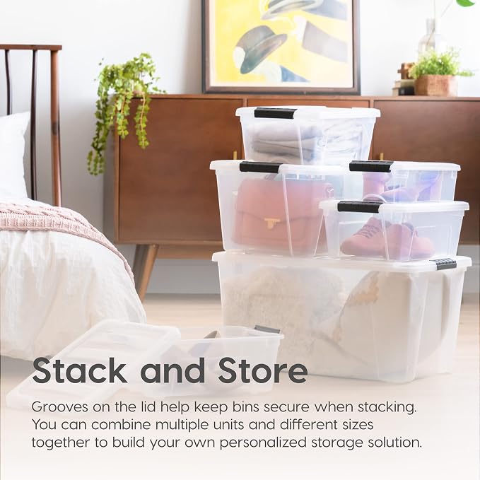 IRIS USA 6 Qt Stackable Plastic Storage Bins with Lids, 10 Pack - BPA-Free, Made in USA - See-Through Organizing Solution, Latches, Durable Nestable Containers, Secure Pull Handle - Clear