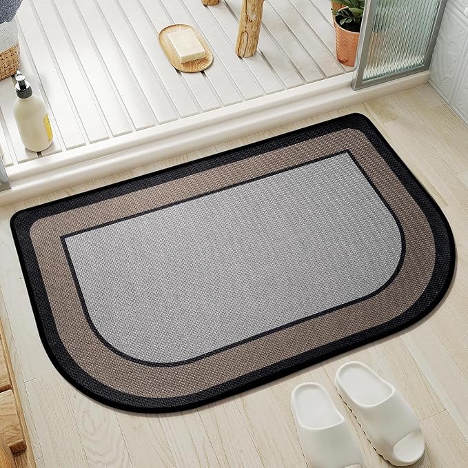 YDKGL Half Circle Bath Mat, Thin Bathroom Rugs Fit Under Door Quick Dry Non Slip Washable Bathroom Mat with Rubber Backing, Absorbent Half Round Shower Mat Rug,Gray Brown
