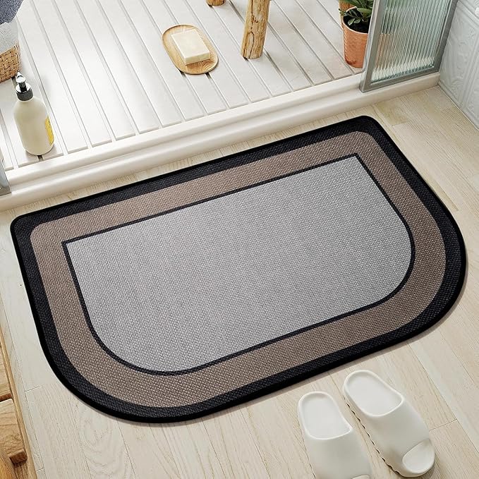 YDKGL Half Circle Bath Mat, Thin Bathroom Rugs Fit Under Door Quick Dry Non Slip Washable Bathroom Mat with Rubber Backing, Absorbent Woven Half Round Shower Mat Rug,Gray Gray Brown