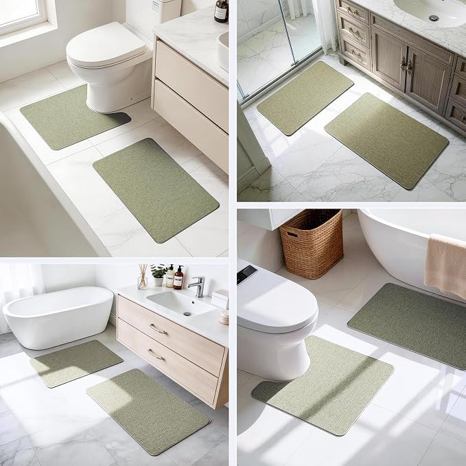 Bathroom Rugs Sets 2 Piece, Thin Bath Mat & U-Shaped Contour Toilet Rug Absorbent Quick Dry, Machine Washable, Non Slip Low Pile Bath Mats for Bathroom/Tub/Sink/Shower (27"x17" +24"x20" U, Sage Green)