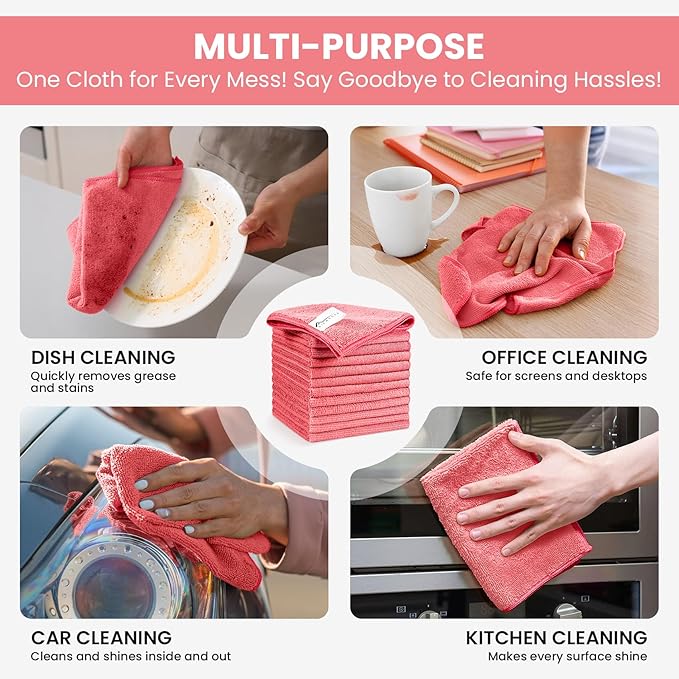 SIFANGKE Microfiber Cleaning Cloth, 12 Pack Pink Cleaning Rags for Housekeeping, Reusable Microfiber Towels for Car, Kitchen, Bathroom and Household Cleaning Supplies, 11.8"X11.8"