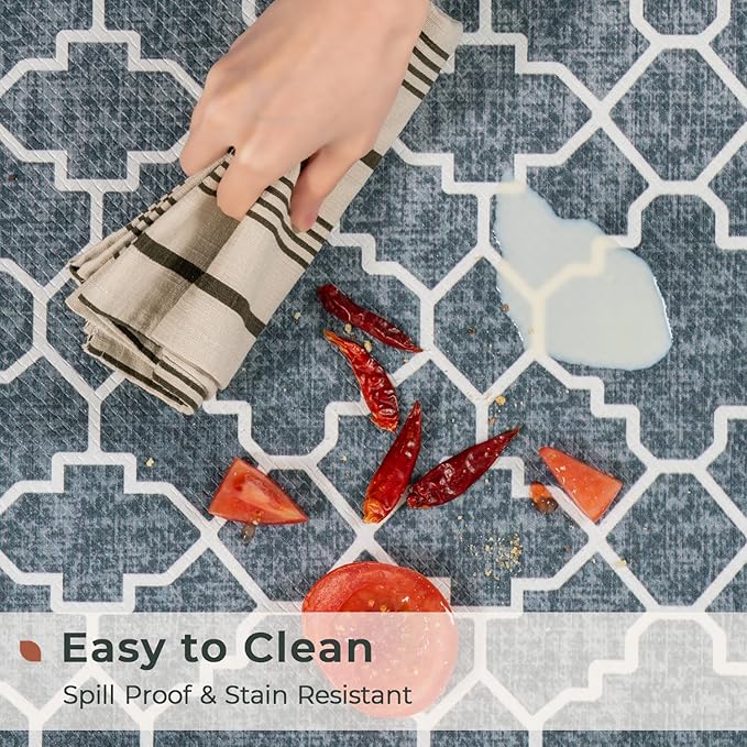 FRESHMINT Kitchen Mat Set of 2, Anti-Fatigue Cushioned Kitchen Mats for Floor, Waterproof Non Slip Comfort Standing Mat, Boho Kitchen Rug for Kitchen Decor, Sink, Office, 17"x30"+17"x47", Navy Blue