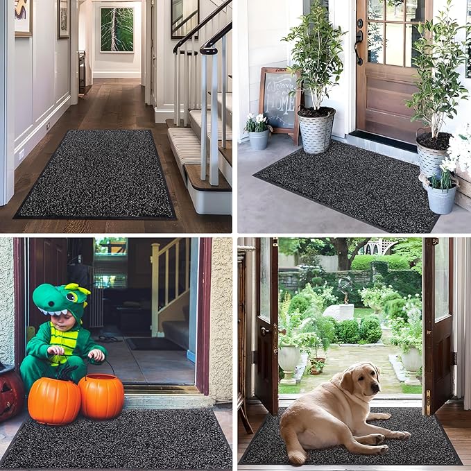 Mibao Front Door Mat Indoor Entrance, 29.5" x 17", Welcome Mat for Outdoor Indoor, Non-Slip Waterproof Doormat, Durable Machine Washable Low Profile Entry Rug for Back Door Outside, Anthracite Black