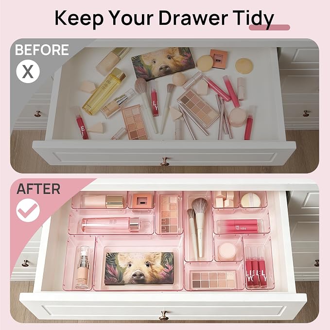Vtopmart 25 PCS Plastic Drawer Organizers Set, 4-Size Versatile Bathroom and Vanity Drawer Organizer Trays, Storage Bins for Makeup, Bedroom, Kitchen Gadgets Utensils and Office