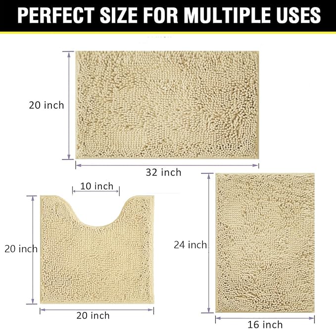 Bath Rugs Chenille 3-Piece Extra Soft and Absorbent Shag Beige Bathroom Rugs, Machine Wash Mat, Strong PVC Non-Slip Underside, Plush Carpet Mats (Beige)