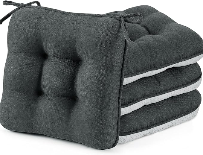 BETU Chair Cushions for Dining Chairs Set of 4,3.5" Thick Kitchen Table Chair Pads with Ties,Non Slip Backing and Covers, Seat Cushion for Dining Room,Bar,Patio Chairs,15.5"X15.5"X3.5",Dark Grey