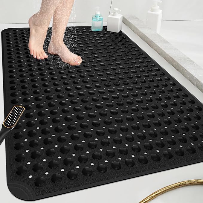 OTHWAY Extra Large Shower Mat 47"x 32", TPE Non Slip Shower Mat for Shower Stall, Inside Walk in Shower Mats with Drain Holes Suction Cups, Anti-Slip for Elderly Kids (Black)