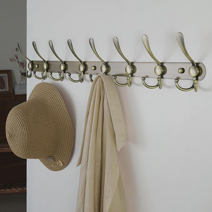 Dseap Coat Rack Wall Mount - 29.5” Long 8-Tri-Hooks Heavy Duty Coat Hanger Rail Wall Hooks for Hanging Coats Hats Clothing Clothes Purse Mudroom Entryway, Bronze, Pack of 2