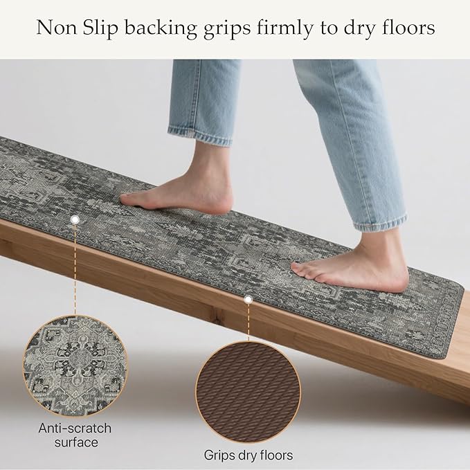 GENIMO Kitchen Mats for Floor, Washable Anti Fatigue Mat for Cushioned, 17.3"x59", Waterproof Kitchen Rugs, Non Slip Foam Comfort Standing Mat Rug for Home, Runner, Sink, Laundry, Dark Gray