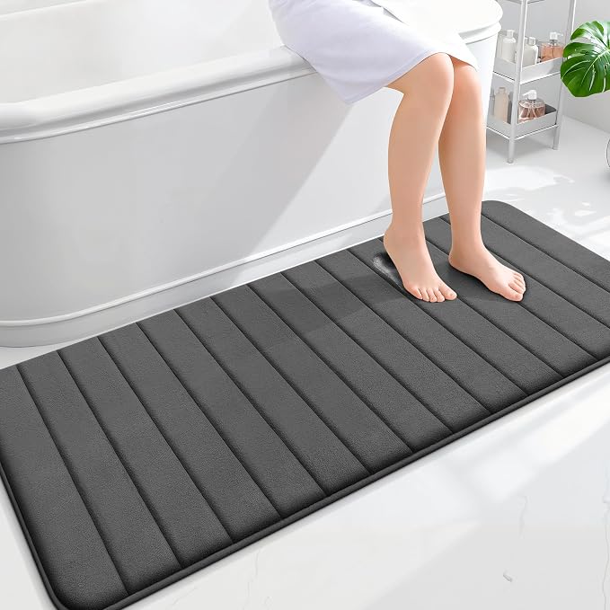 OLANLY Memory Foam Long Bathroom Rugs Runner 59x24, Super Soft Absorbent Bath Mat, Quick Dry, Machine Washable Shower Floor Rugs, Bathmat Carpet, Bathroom Home Decor Accessories, Black