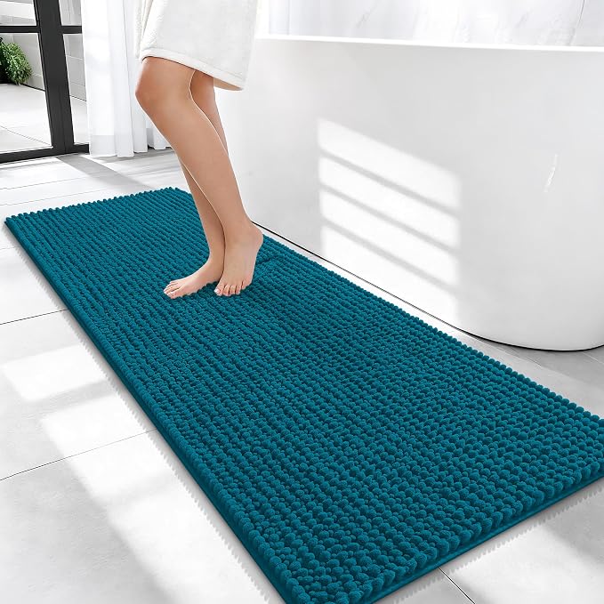 OLANLY Thick Bathroom Runner Rugs 47x20, Extra Soft Absorbent Chenille Bath Rugs, Rubber Backing, Machine Wash Dry, Long Bath Mats for Bathroom, Tub and Shower, Home Decor Accessories, Peacock Blue